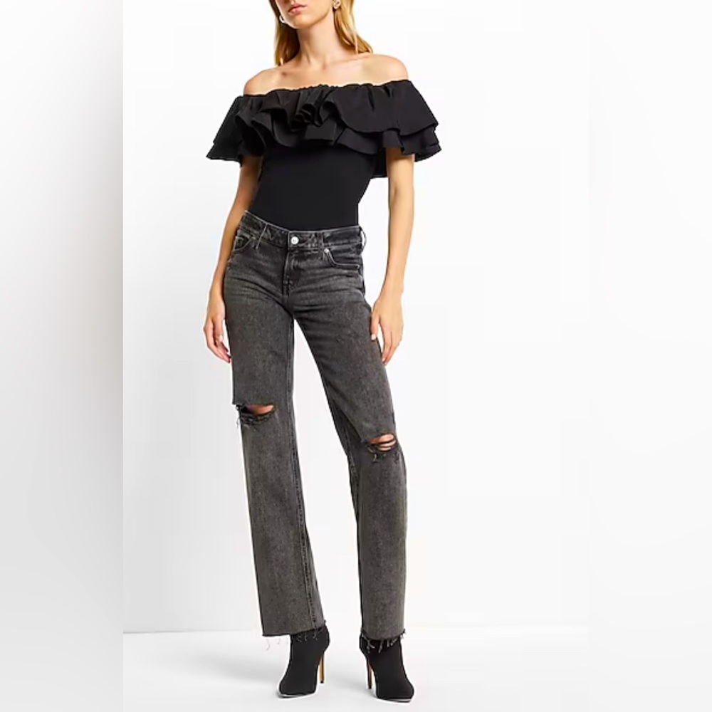 EXPRESS Off The Shoulder Tiered Ruffle Thong Bodysuit